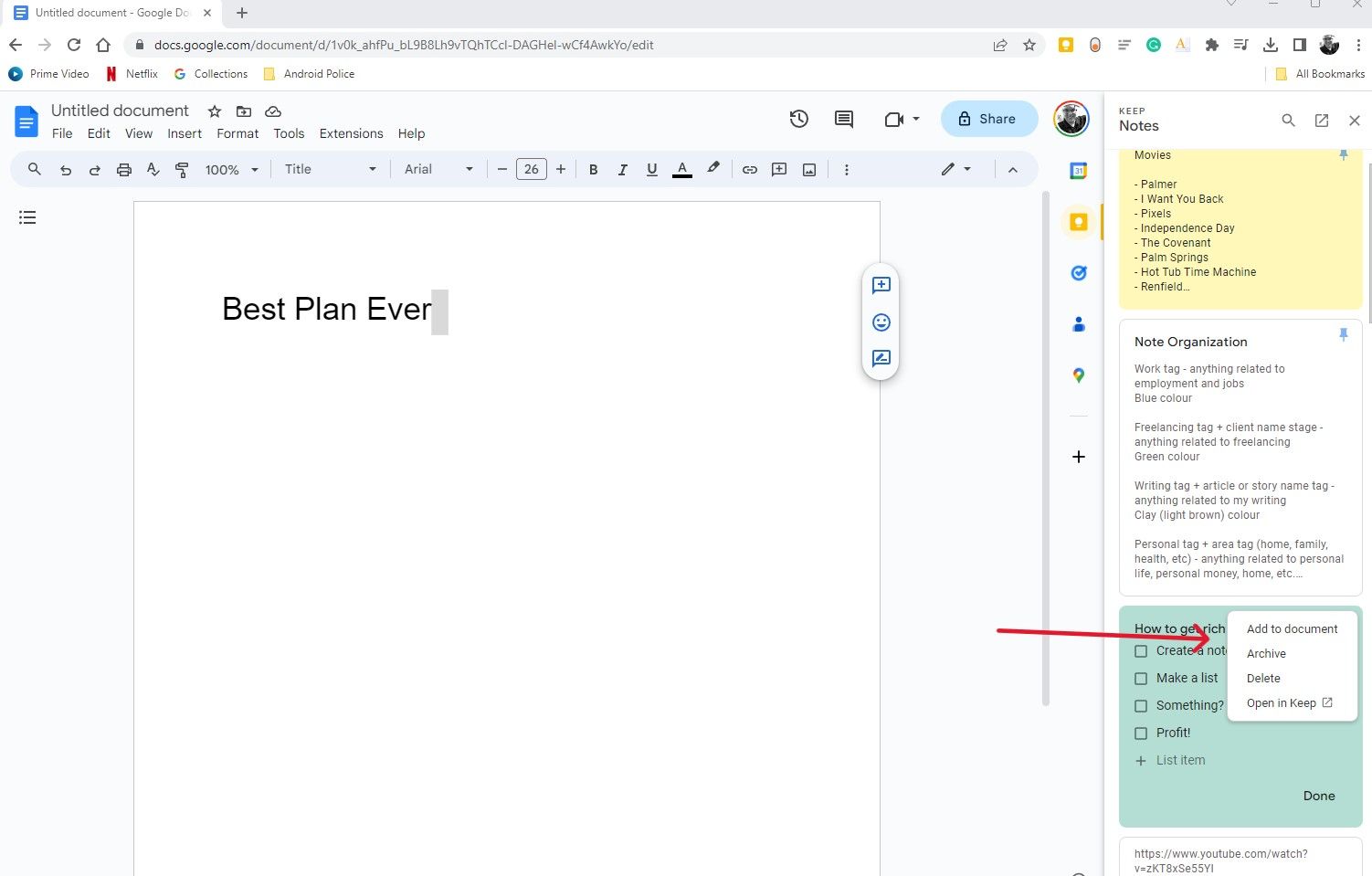 Google Docs web with Google Keep open on the right and a red arrow pointing to the Add to document option from a drop down menu above a note with a blue-green background.