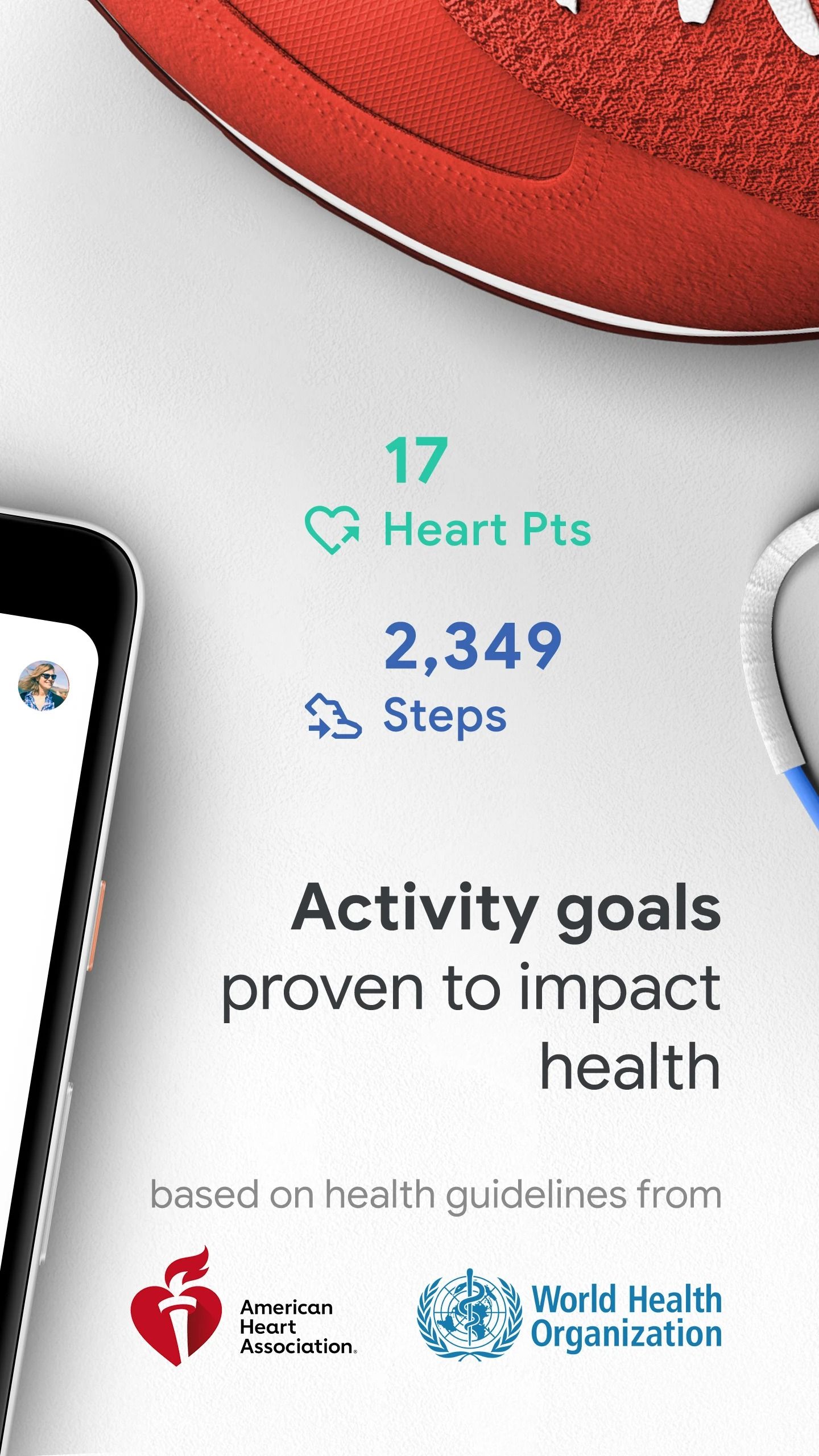 google fit steps and heart points with american heart association and world health organization logos