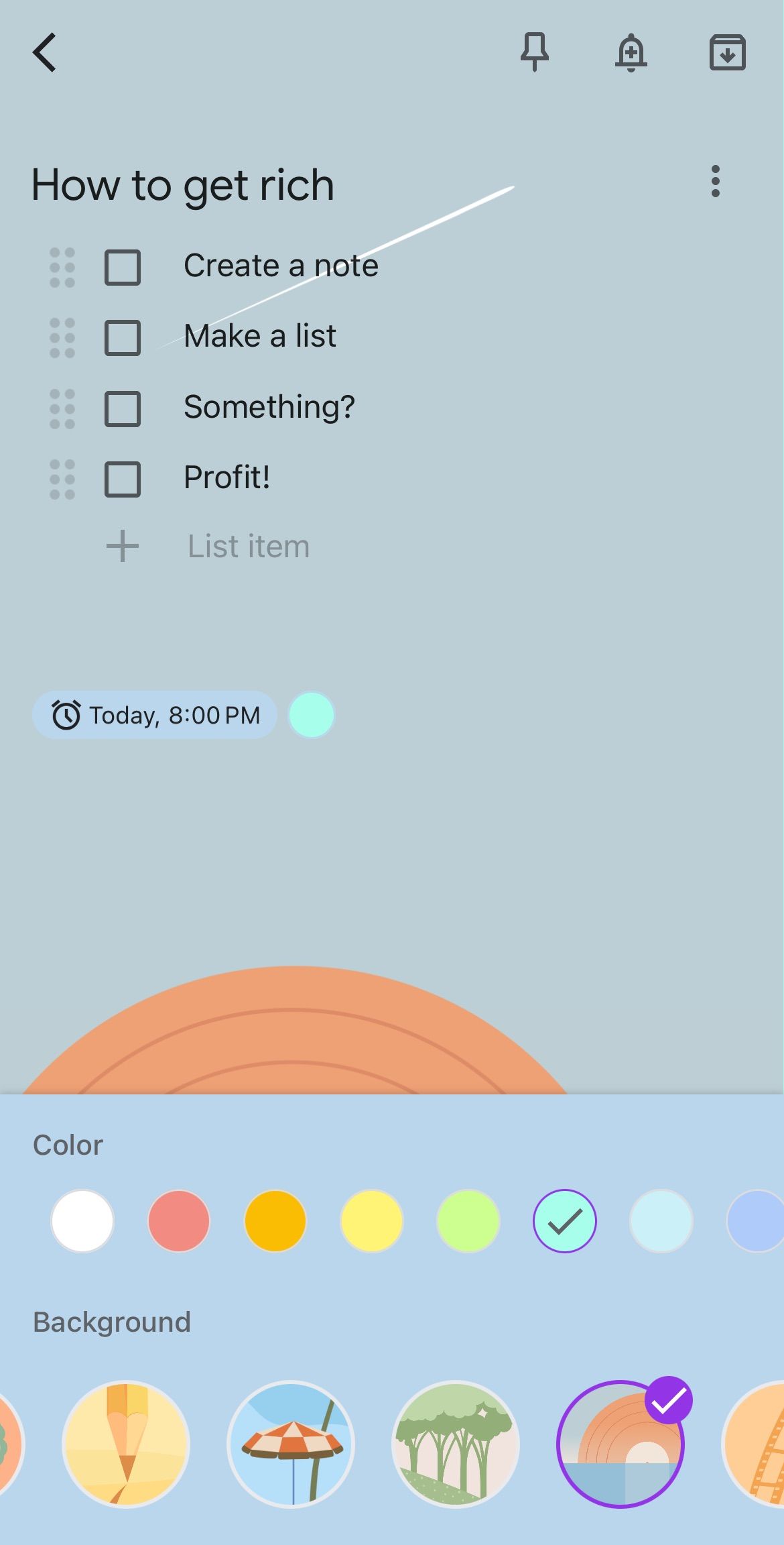 A Google Keep Note with a blue background and the colors and backgrounds menu open on the bottom.