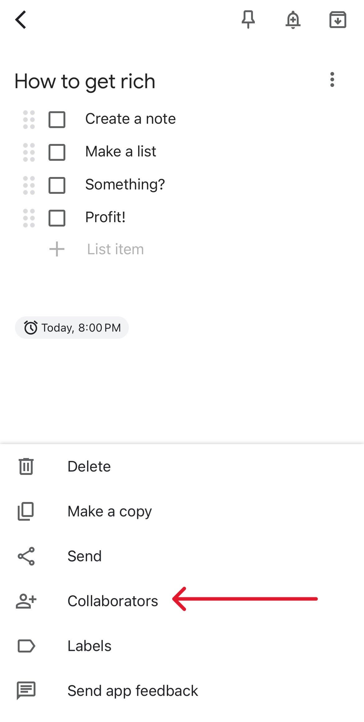 Google Keep note menu with a red arrow pointing to the Collaborators option.