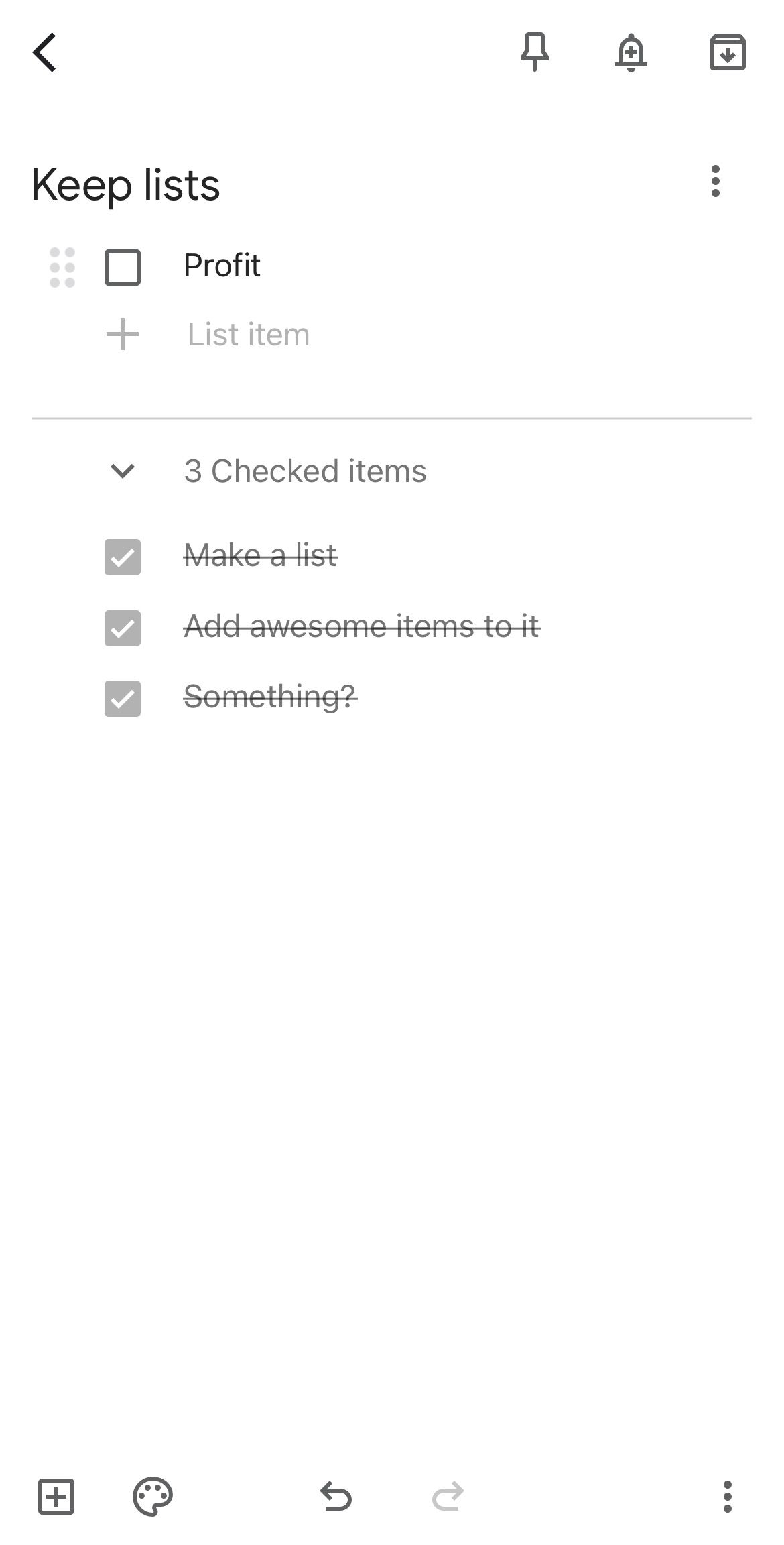 Google Keep showing a list with some items checked off.