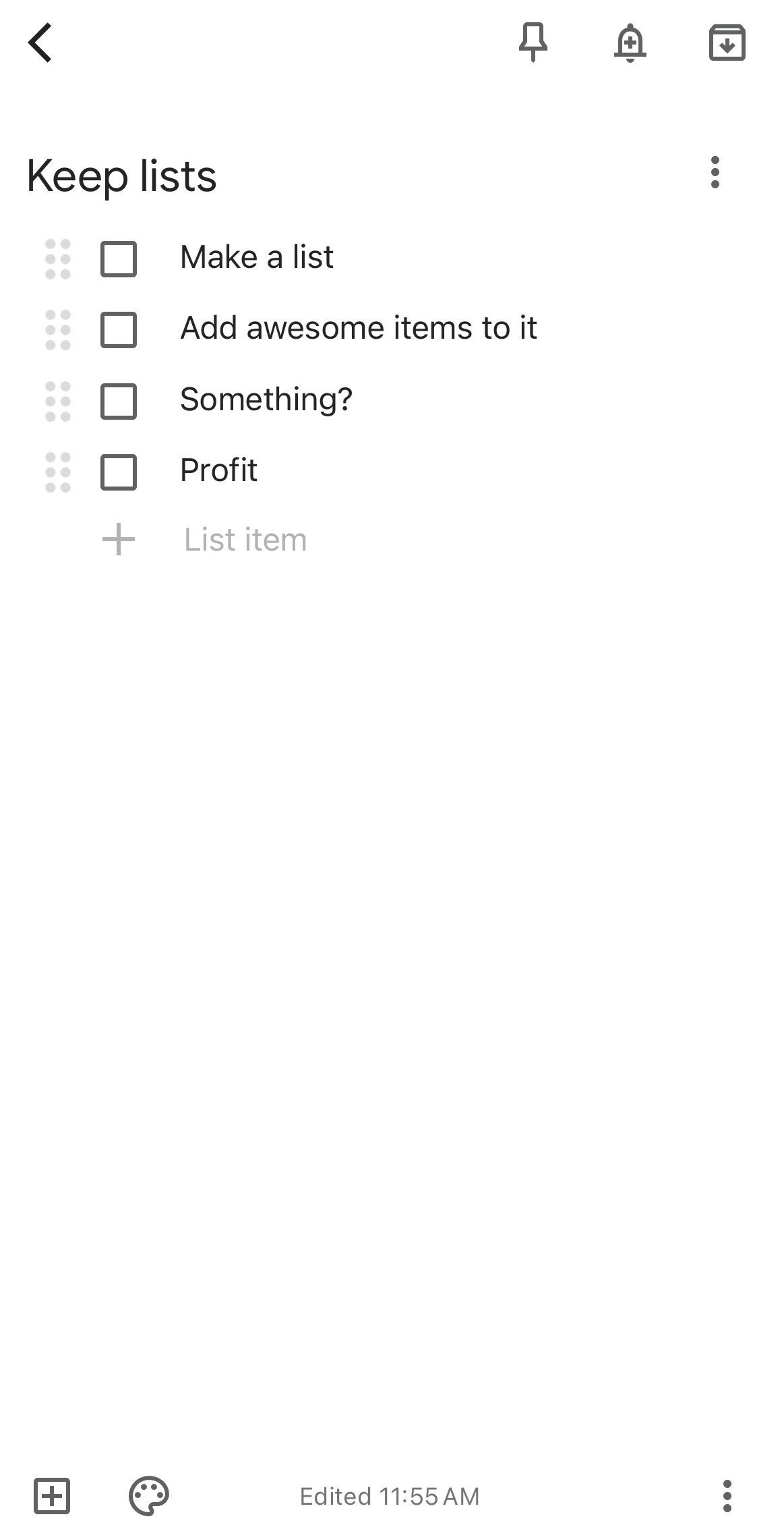 Google Keep showing a list.