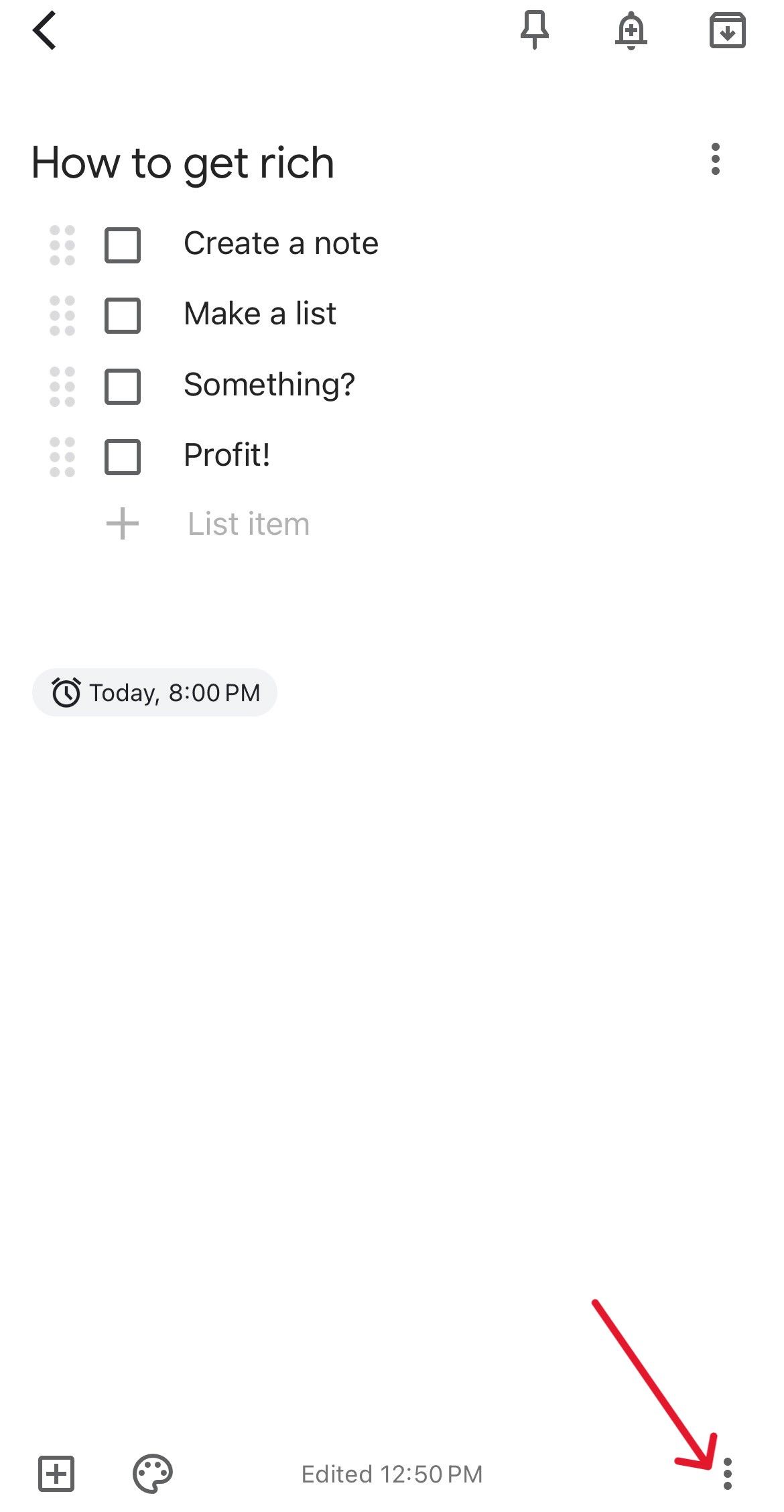 A Google Keep note with a red arrow pointing to the three dot share menu in the bottom right.