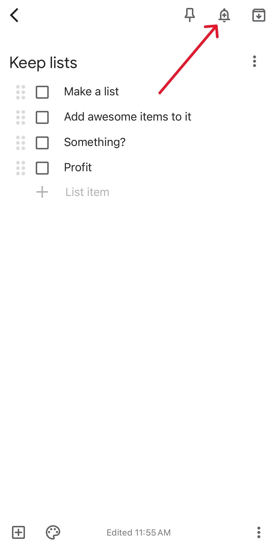 Google Keep note with a red arrow pointing to the reminders icon.