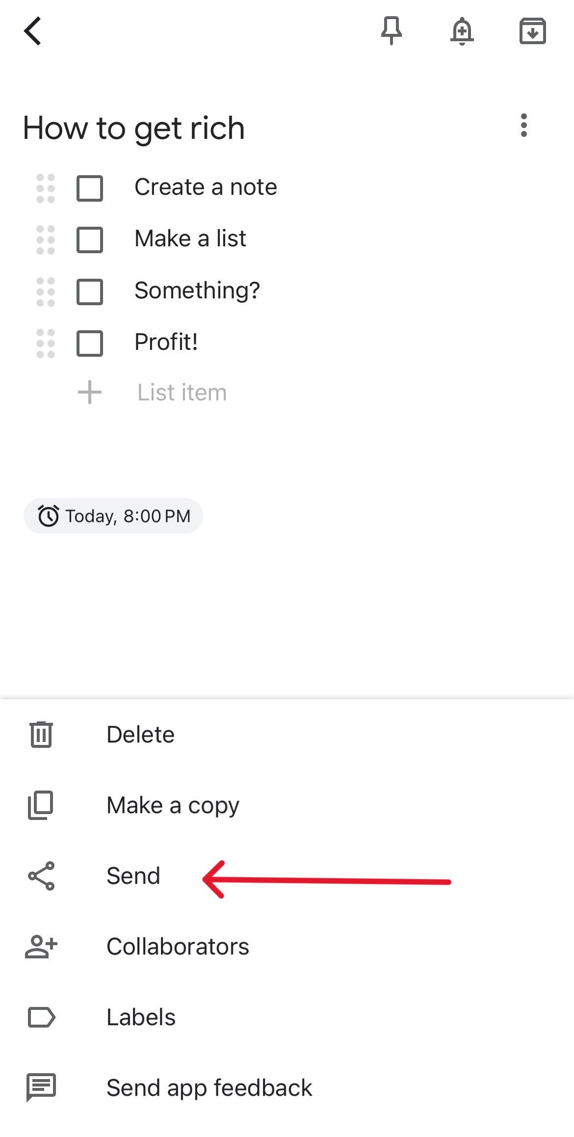 Google Keep note menu with a red arrow pointing to the Send option.