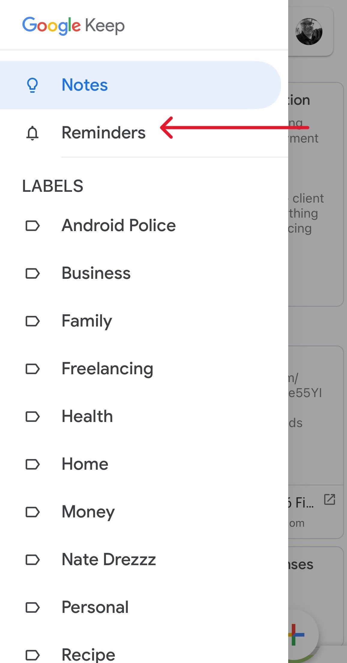 Google Keep app with the hamburger menu open and a red arrow pointing to the Reminders option.