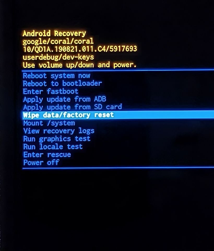 Wipe data/Factory reset option in Recovery Mode on a Google Pixel phone