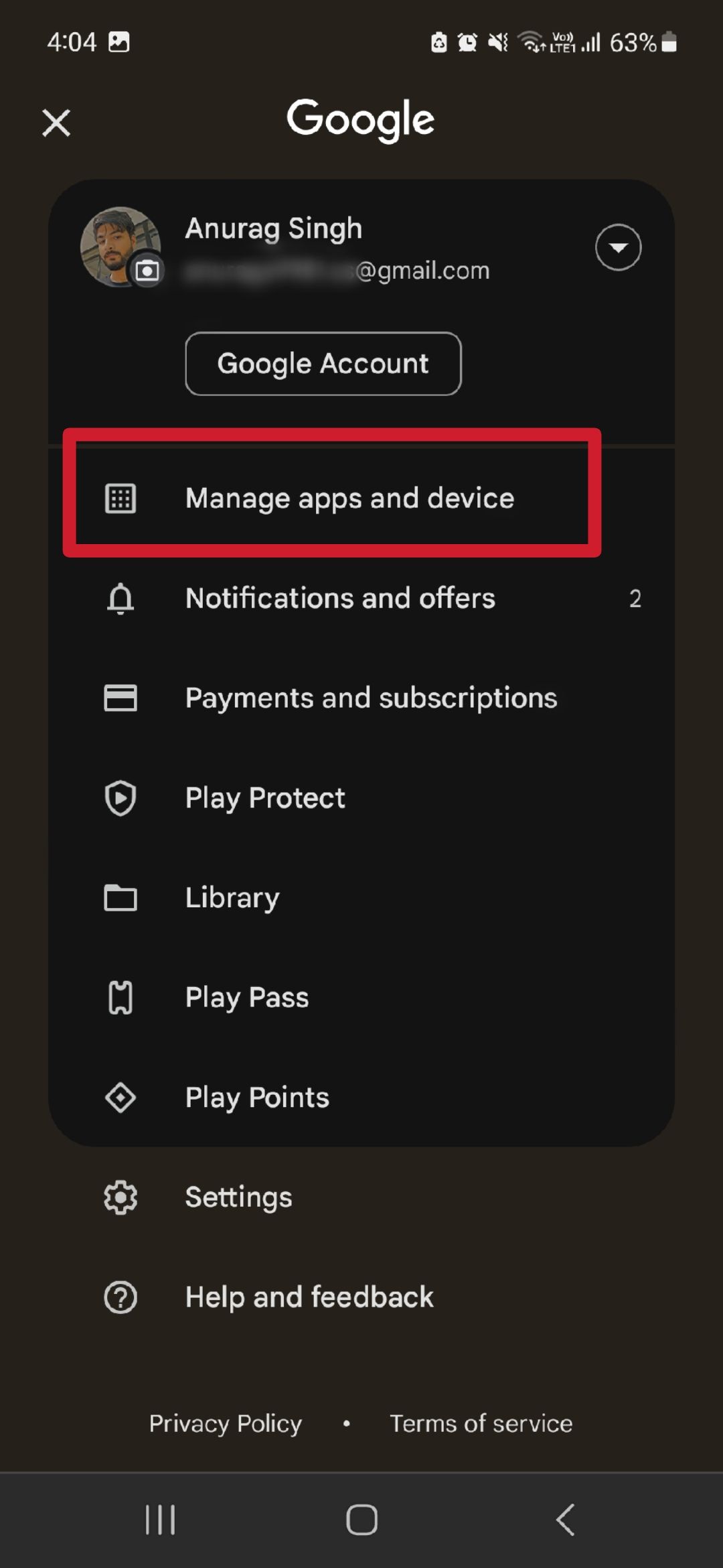 Screenshot showing Google Play Store manage apps and devices settings.