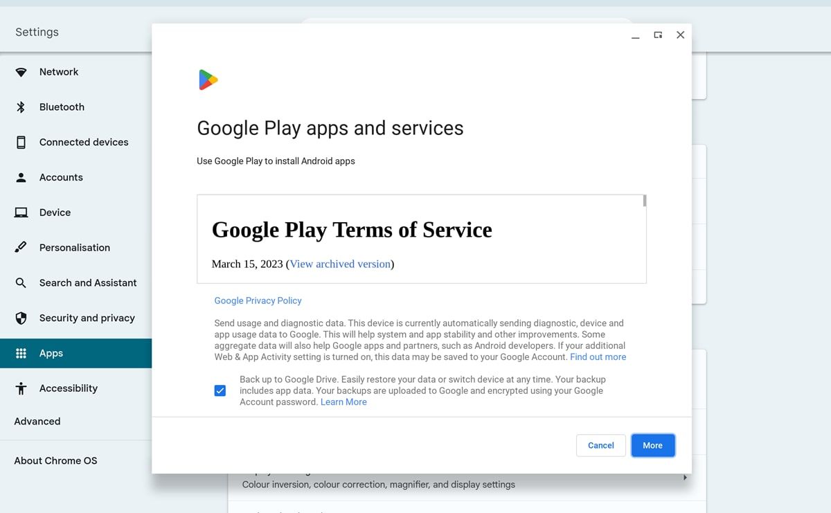 Google Play Terms of Service on Chromebook
