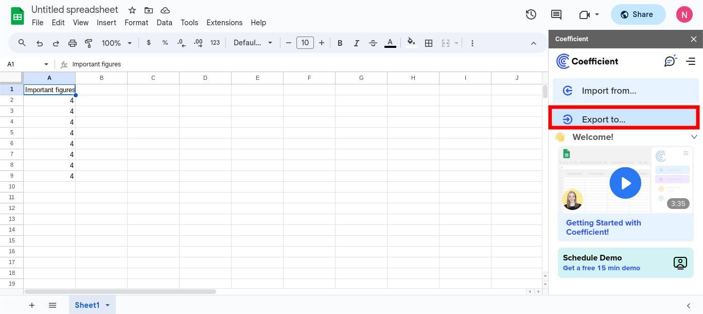screenshot of Google sheets with the Coefficient side bar open.
