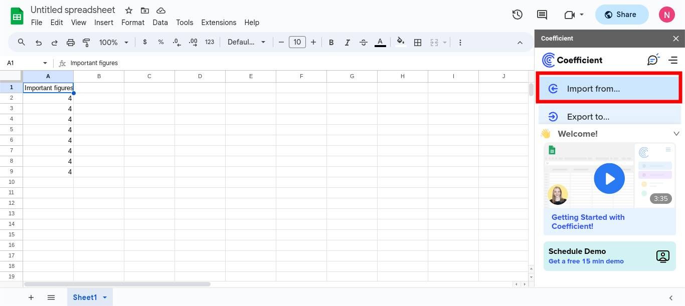 Screenshot of google sheets Coefficient side bar with the import from option selected.