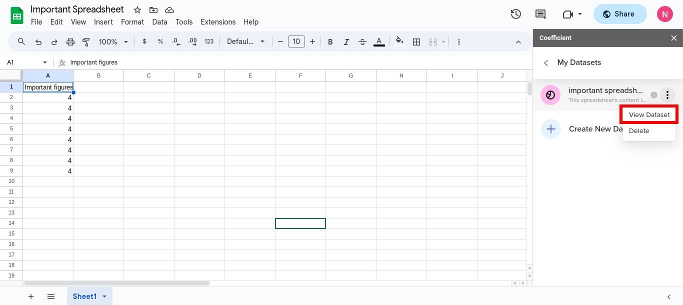 screenshot of Google sheets Coefficient side bar with my dataset highlighted.