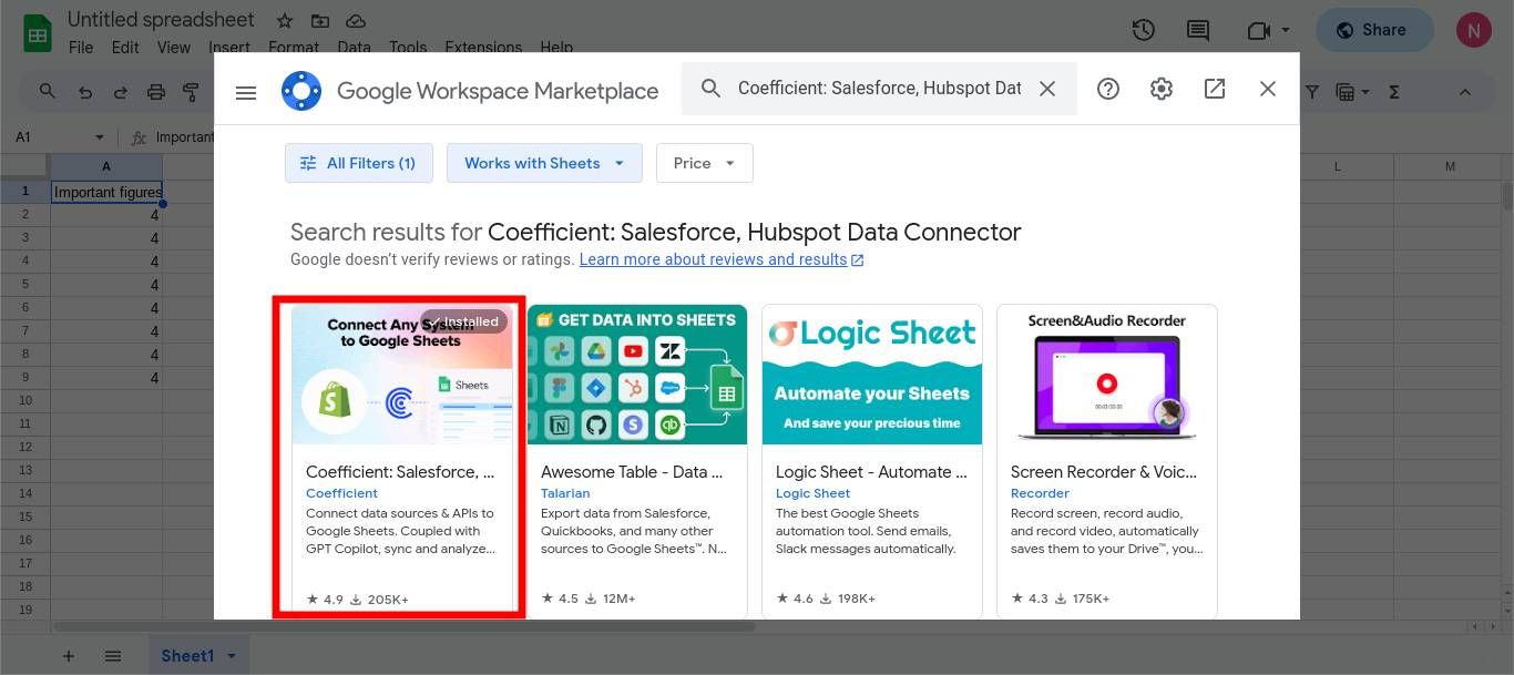 A screenshot of the google sheets addon store showing the coefficient app.