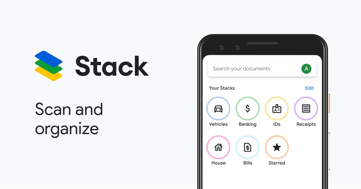The Google Stack logo next to the Your Stacks screen in the Stack app.