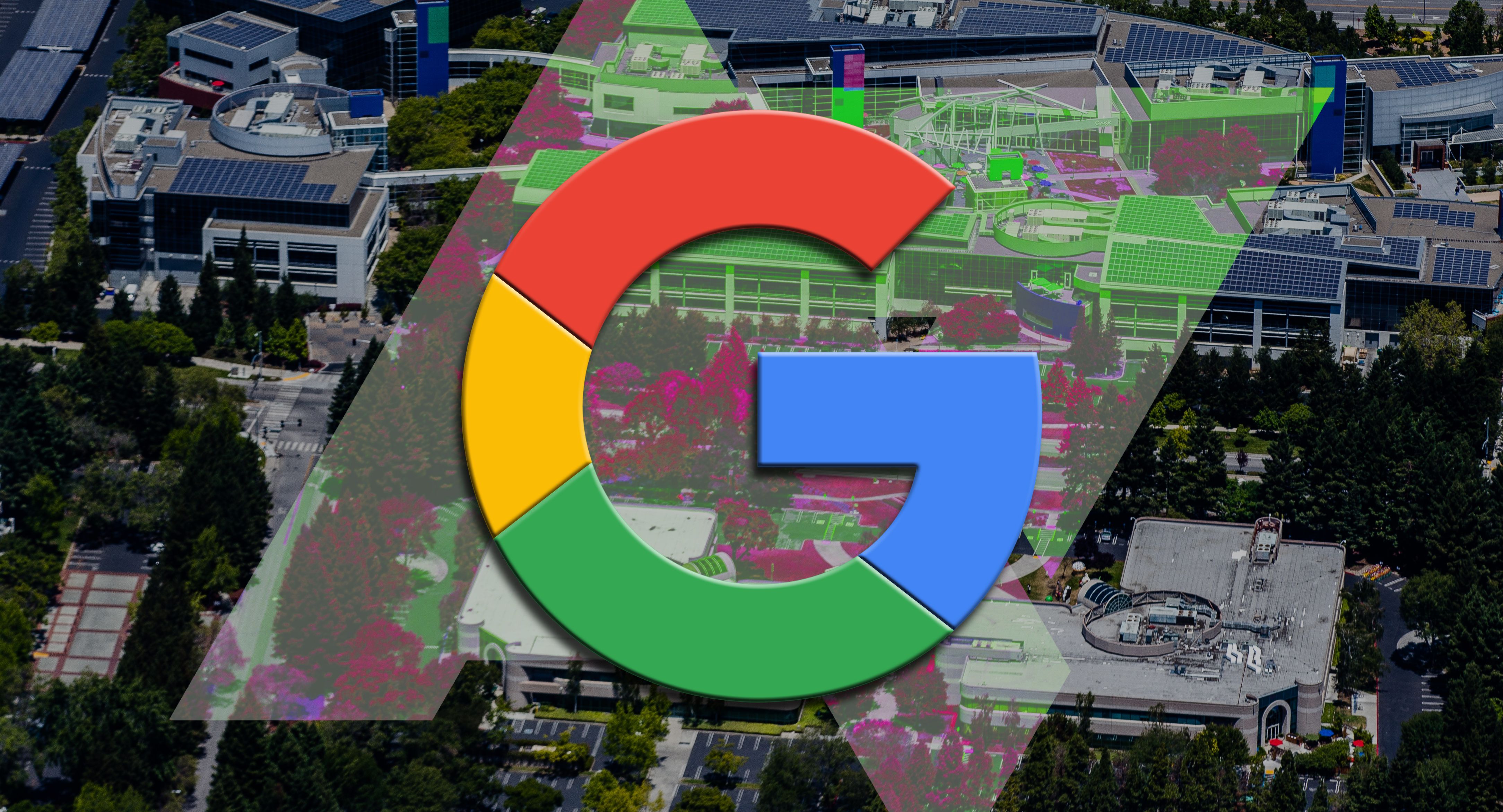 Google logo over an AP logo over an ariel view of a Google campus