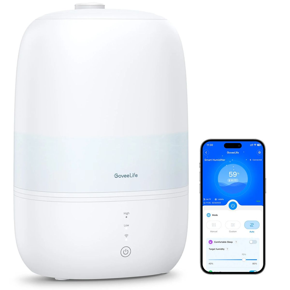 The GoveeLife Smart Humidifier Lite and a smartphone against a white background