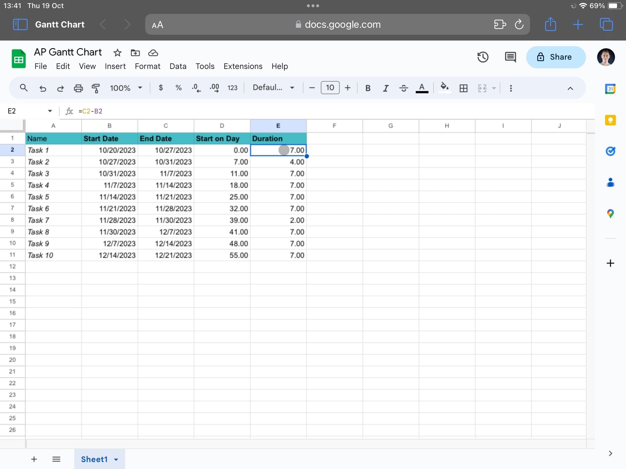 Auto fill duration column in Google Sheets.