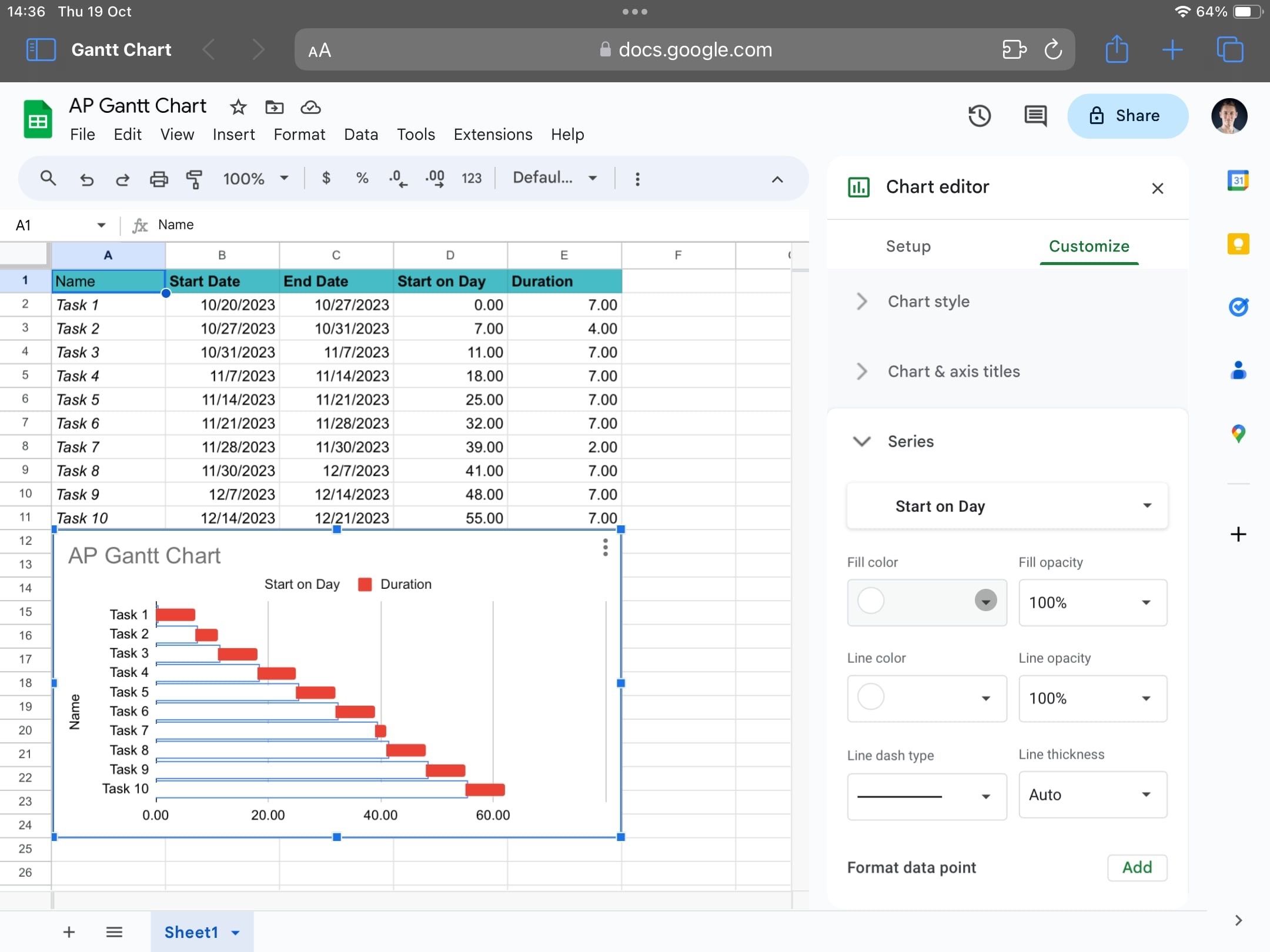 A Gantt chart in Google Sheets.