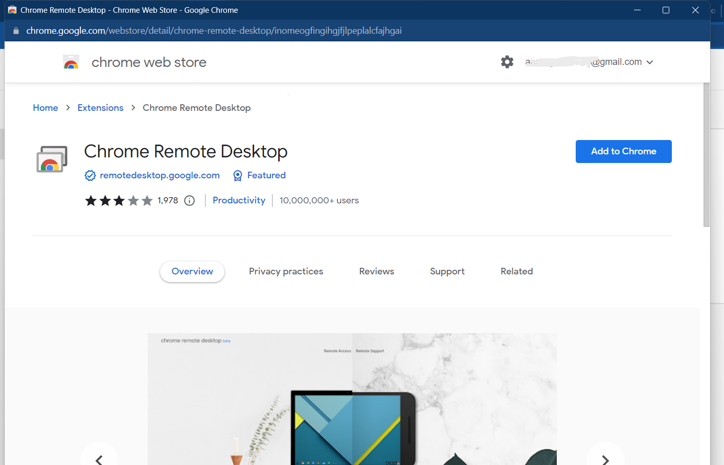 Screenshot exhibiting choice to set up chrome far away desktop extension