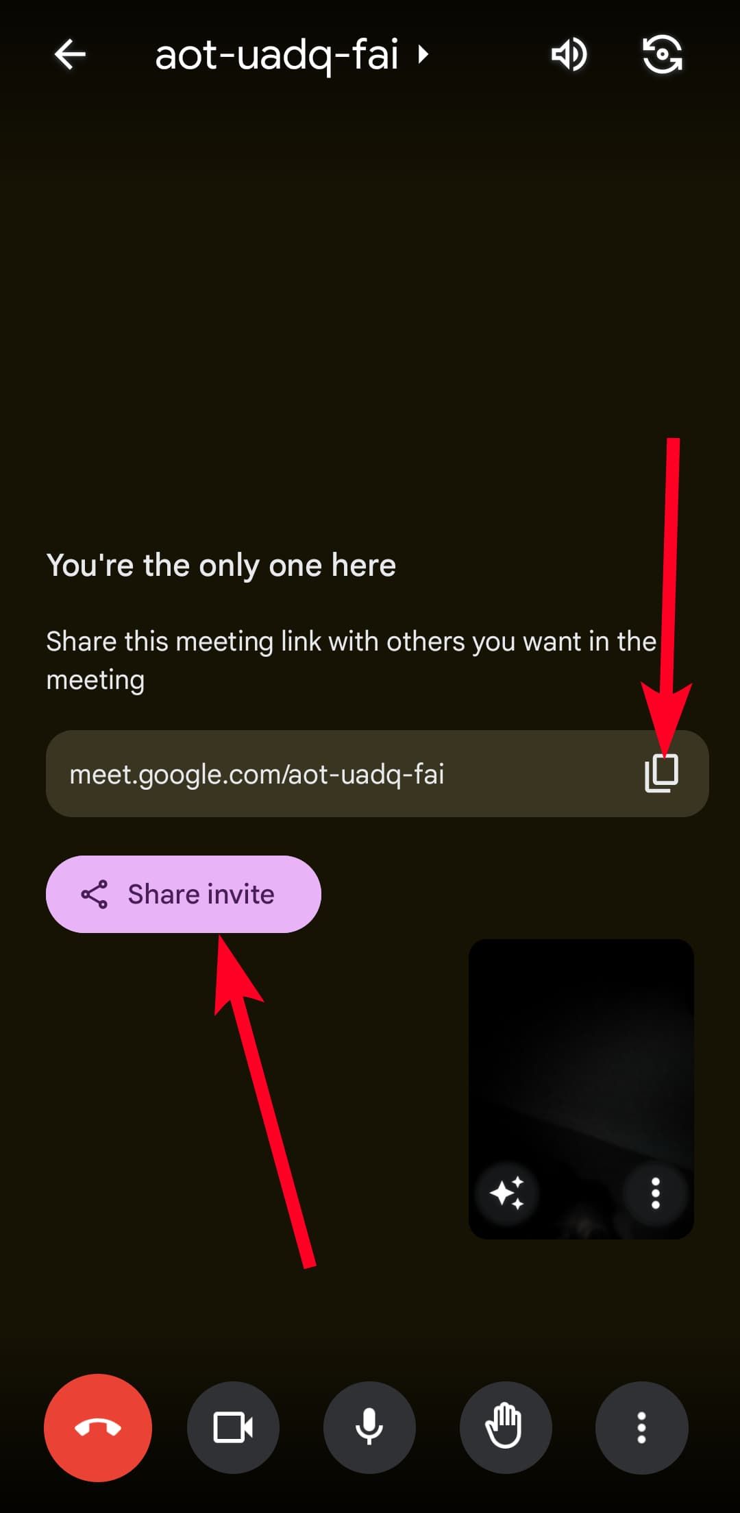 Invite link for a Google meeting on Gmail app.