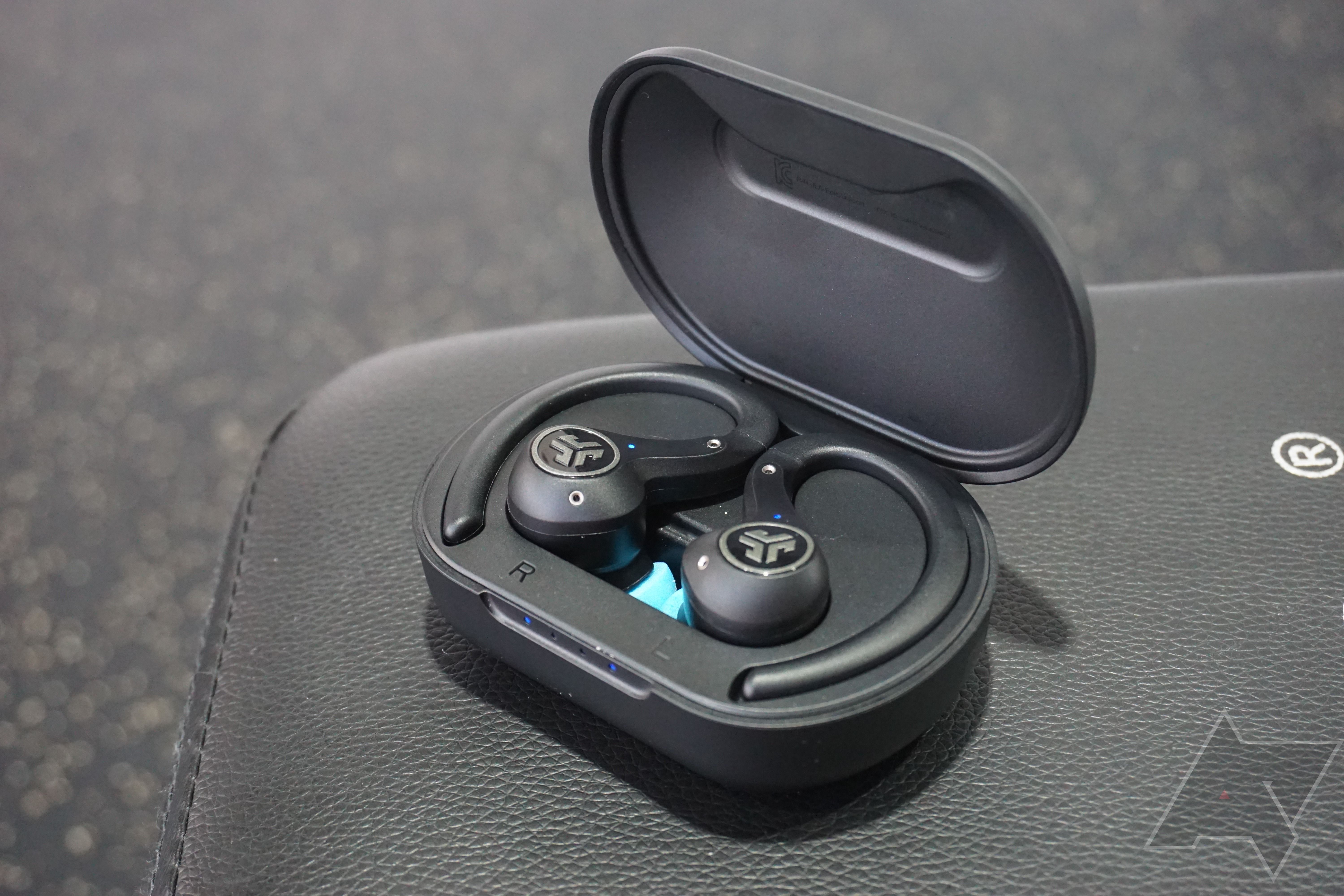The JLab Epic Air Sport earbuds in an open case