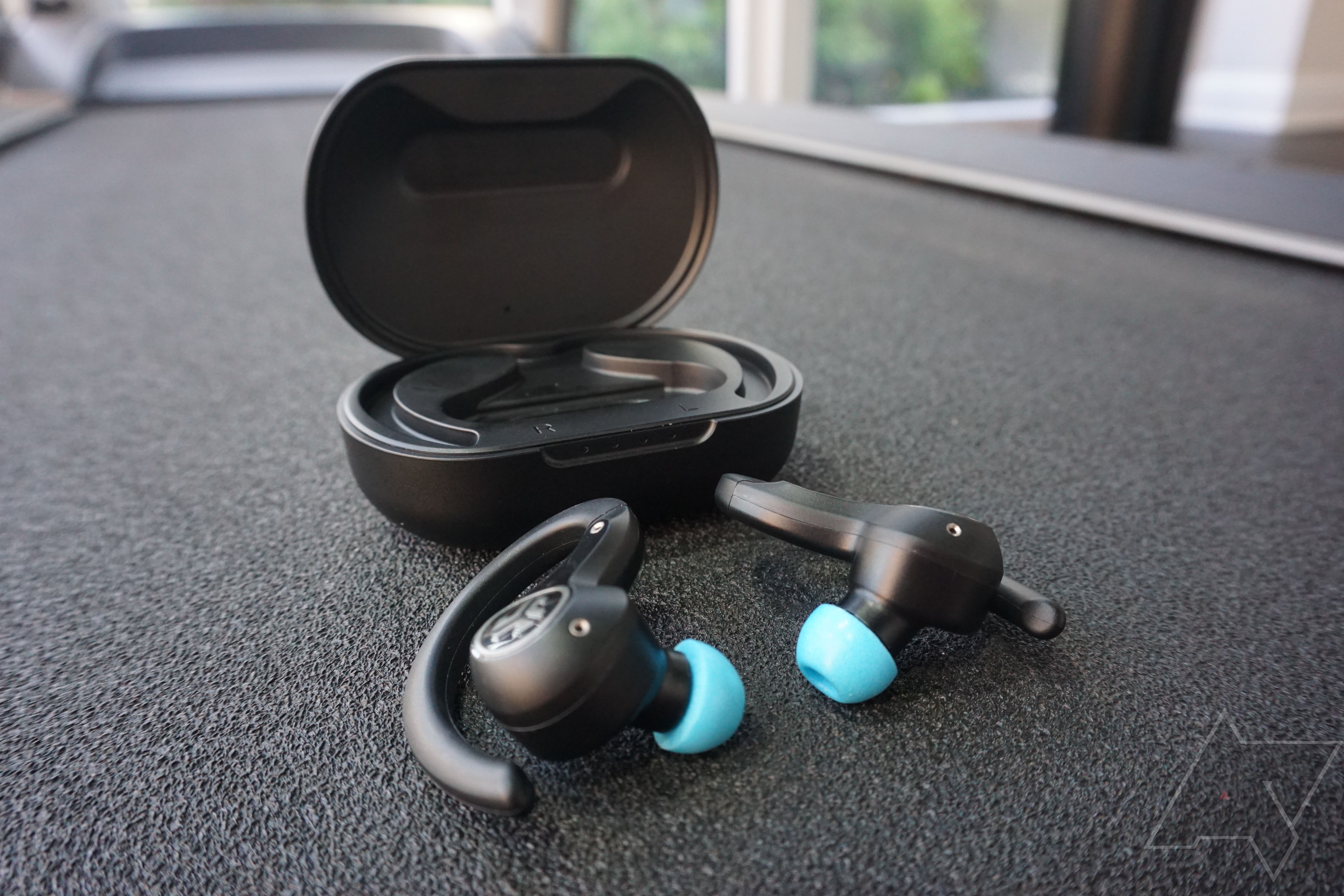 The JLab Epic Air Sport earbuds in front of the case