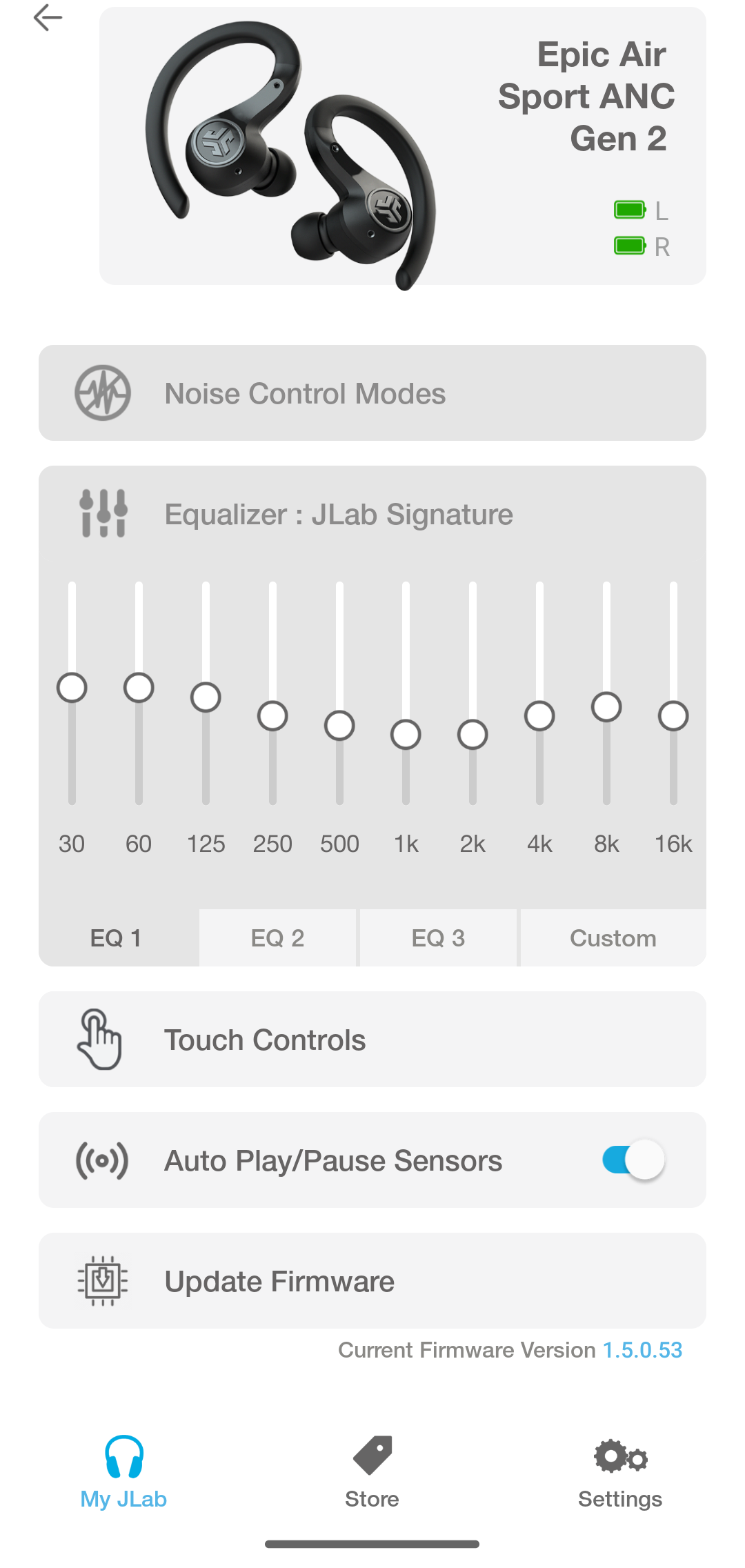 JLab Sound app equalizer page