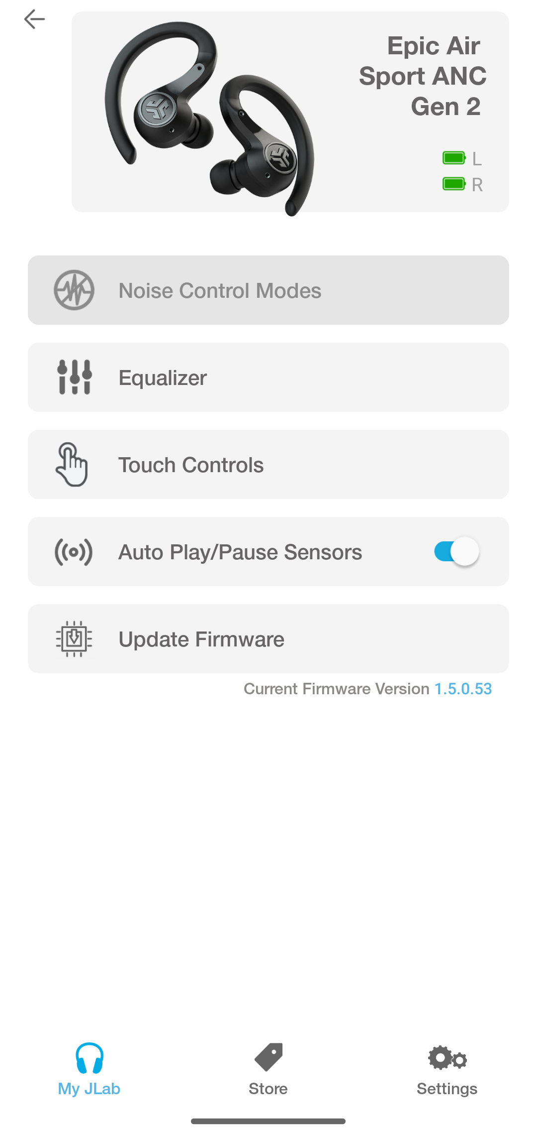 JLab Sound app settings page