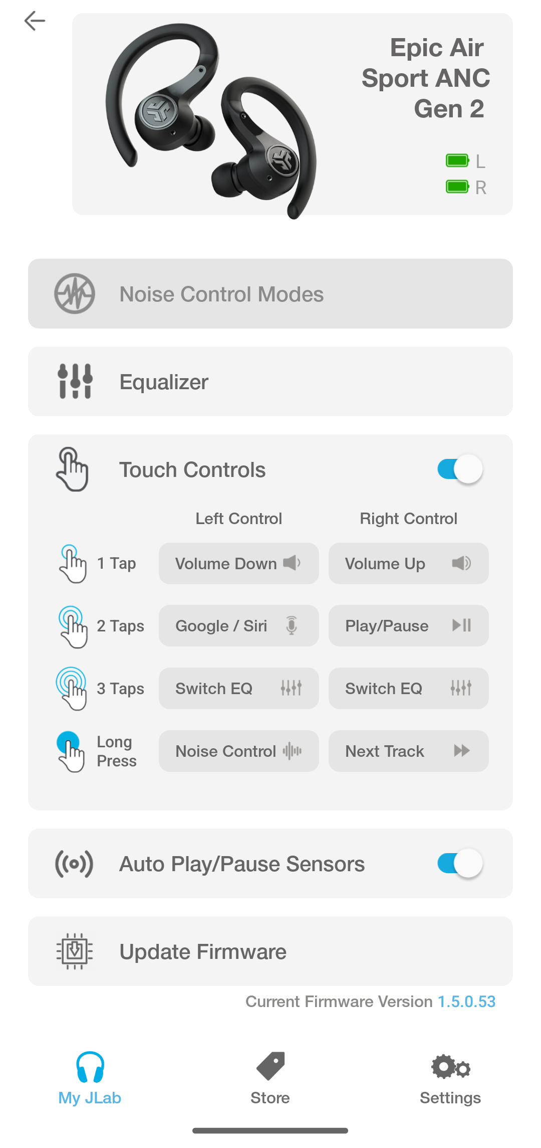 JLab Sound app touch controls page