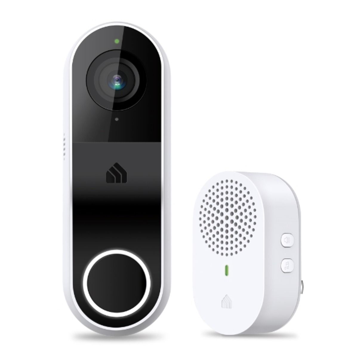 Kasa Smart Video Doorbell and indoor chime against a white background