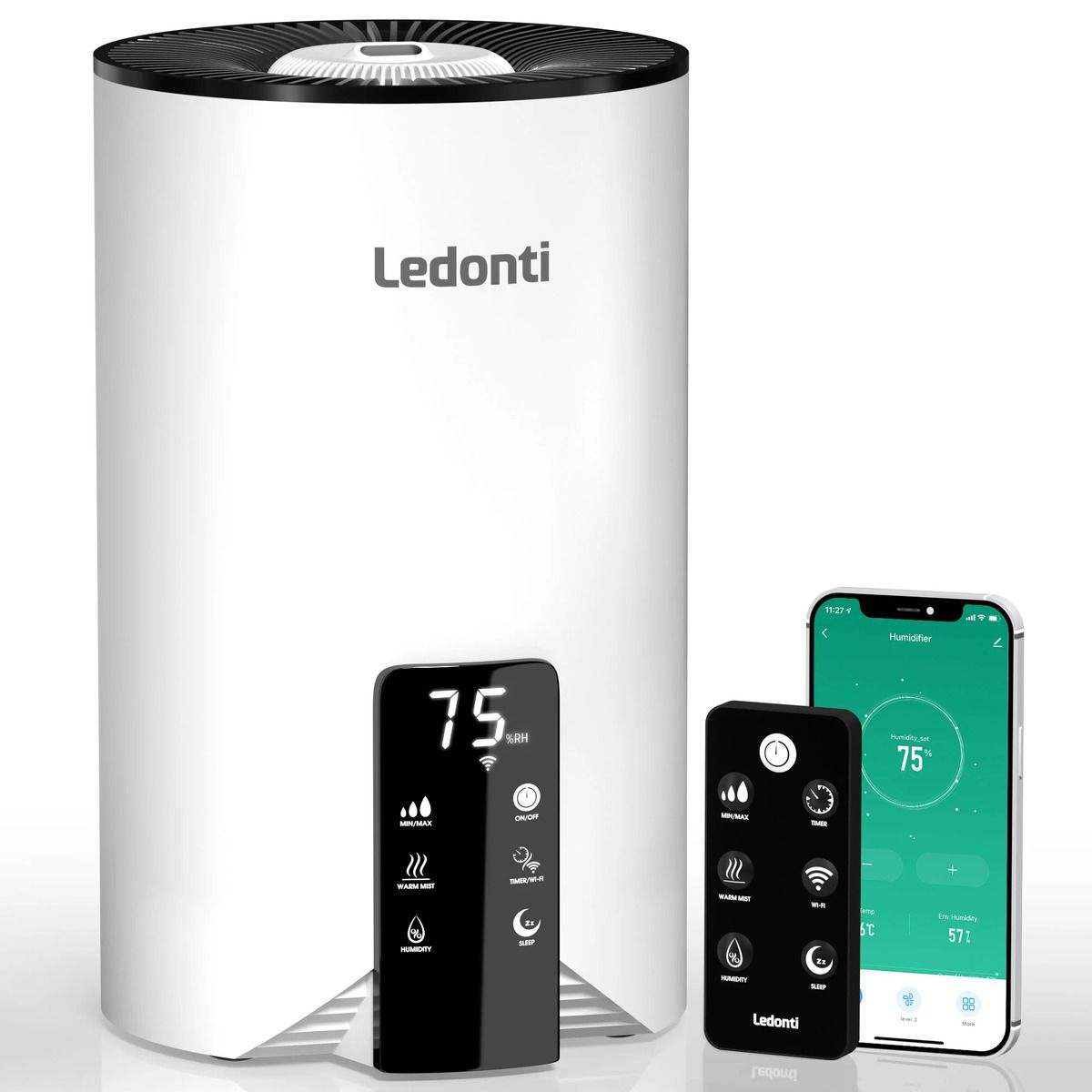 The Ledonti HLD-421 Humidifier, its remote, and a smartphone against a white background.