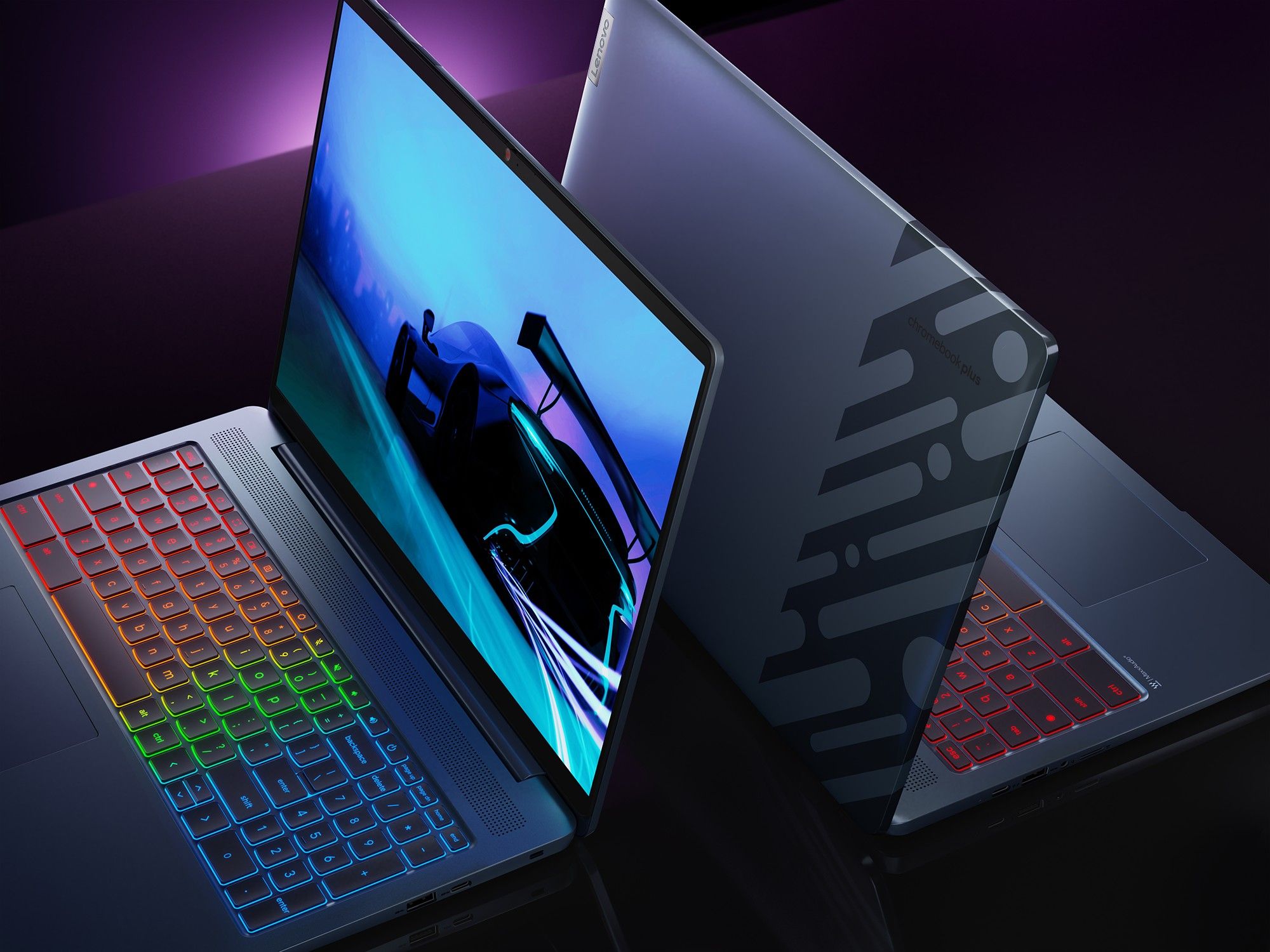 Two Lenovo gaming laptops, one with an RGB keyboard and the other with a red keyboard.