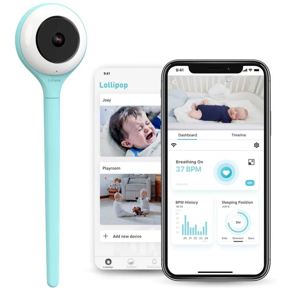 Lollipop Baby Monitor next to phone with app open, in white background