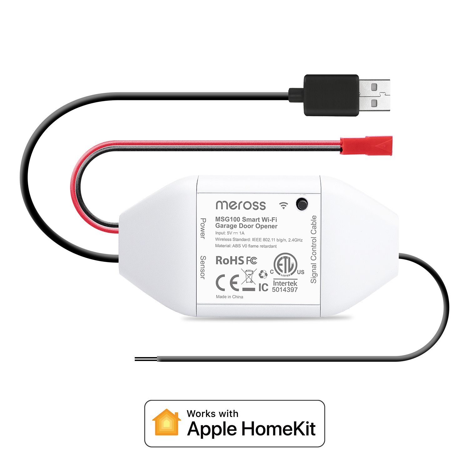 Meross MSG100HK Natty Garage Door Opener Remote pictured with cords