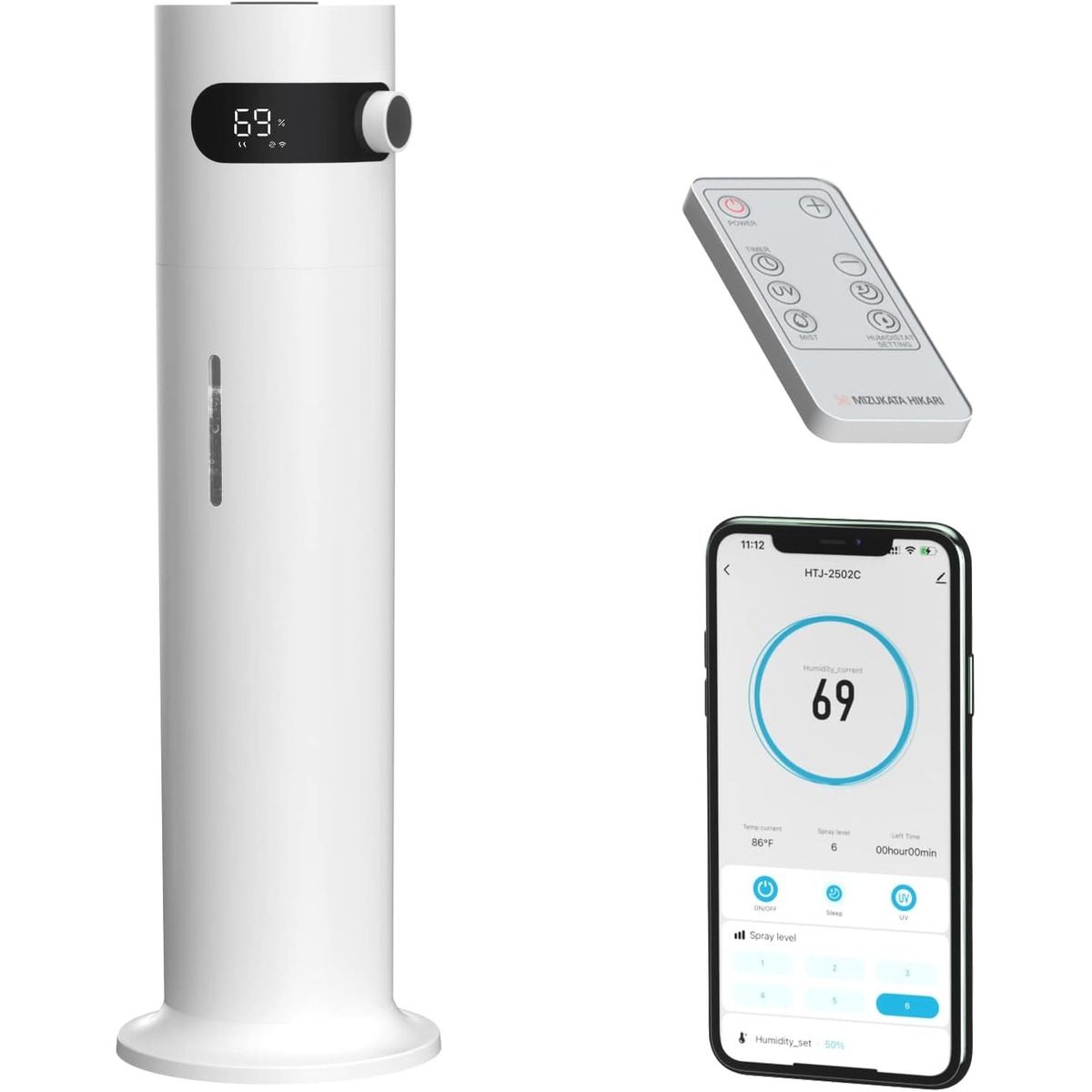 The Mizukata Hikari Ultrasonic Humidifier, its remote, and a smartphone against a white background.