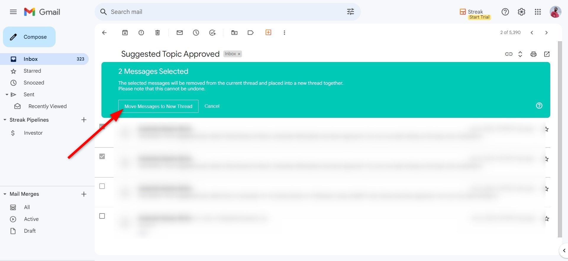 Circulate messages to a fresh thread in Inch extension in Gmail web space