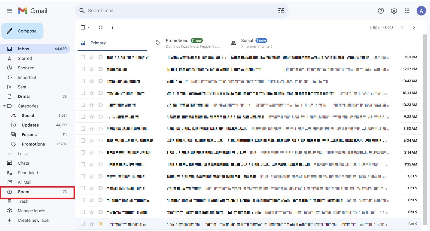 Screenshot highlighting Gmail's Spam folder.