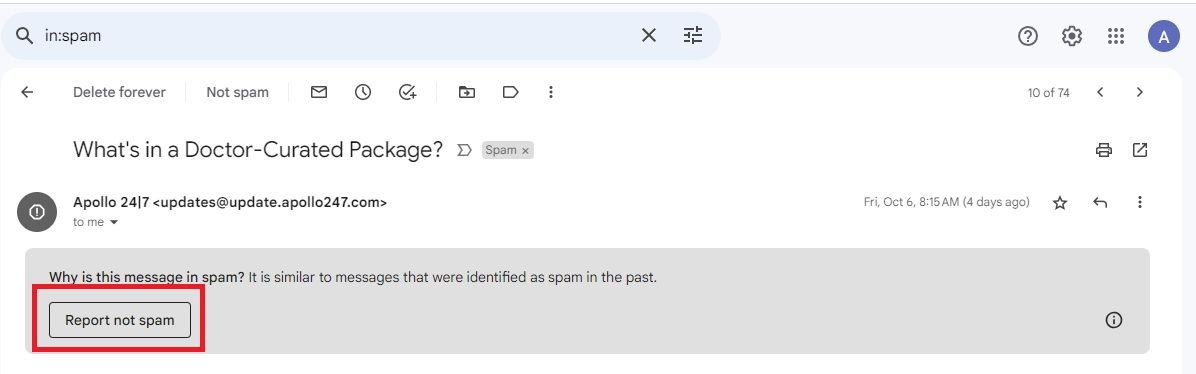 Screenshot highlighting 'Report not spam' in Gmail.