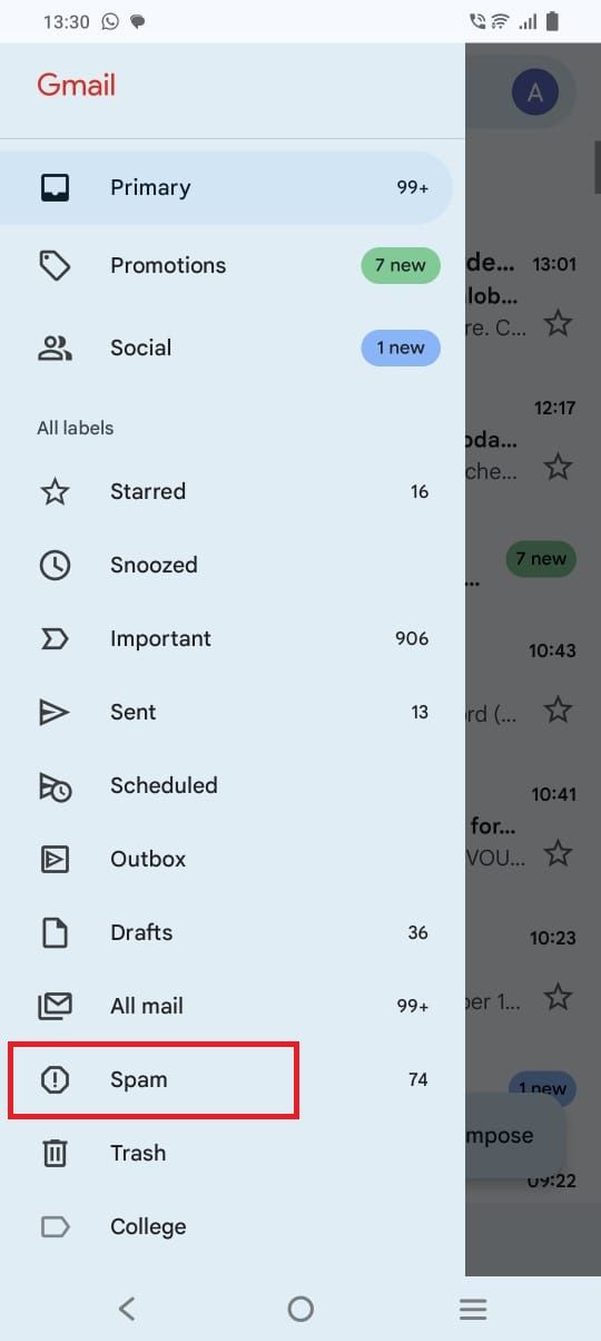 Screenshot highlighting the Spam folder in the Gmail app.