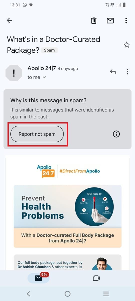 Screenshot highlighting 'Report not spam' in the Gmail app.