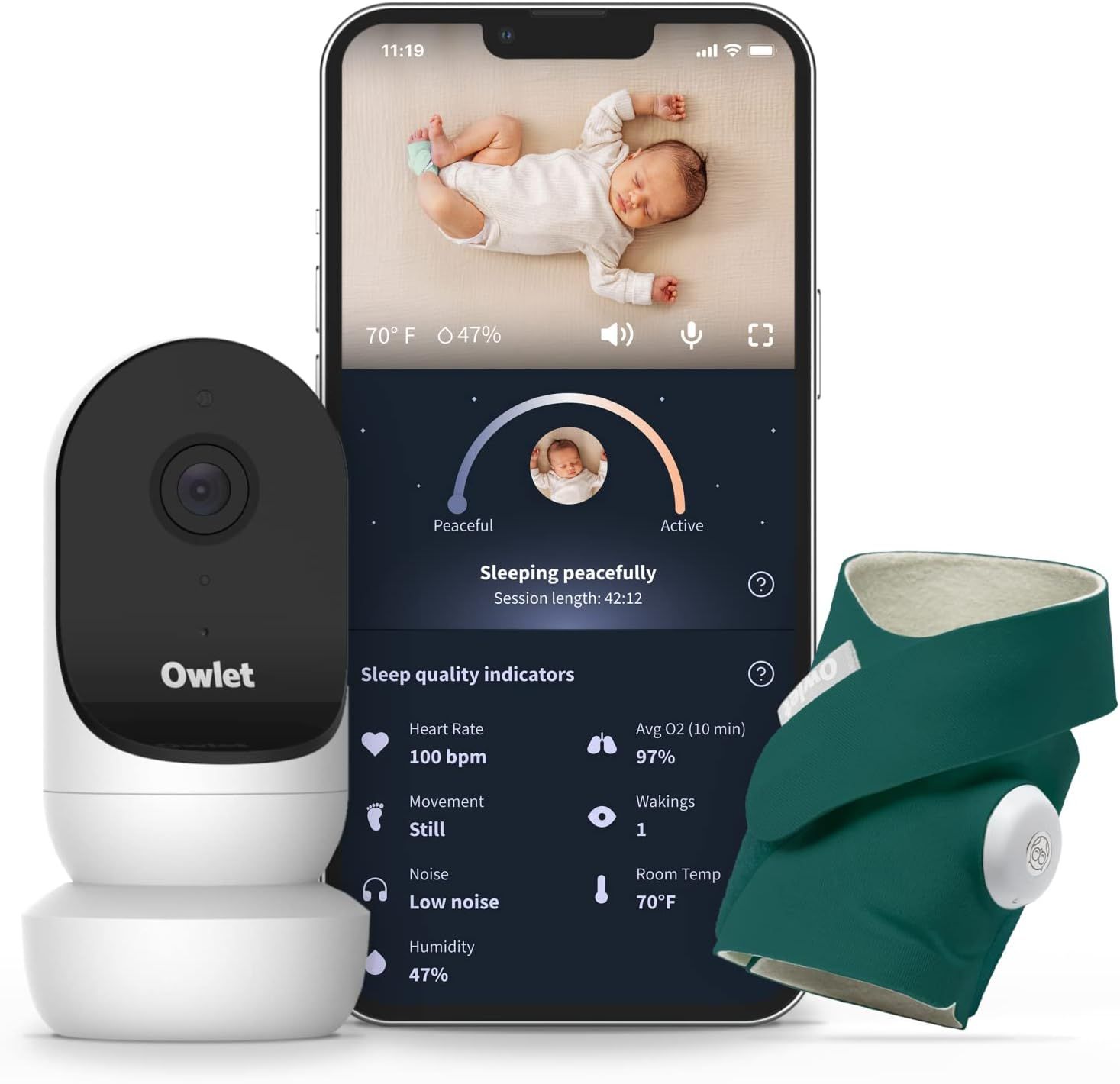 Owlet Dream Duo 2 Smart Baby Monitor with Baby Foot Monitor and Sensor, next to a smart phone showing baby