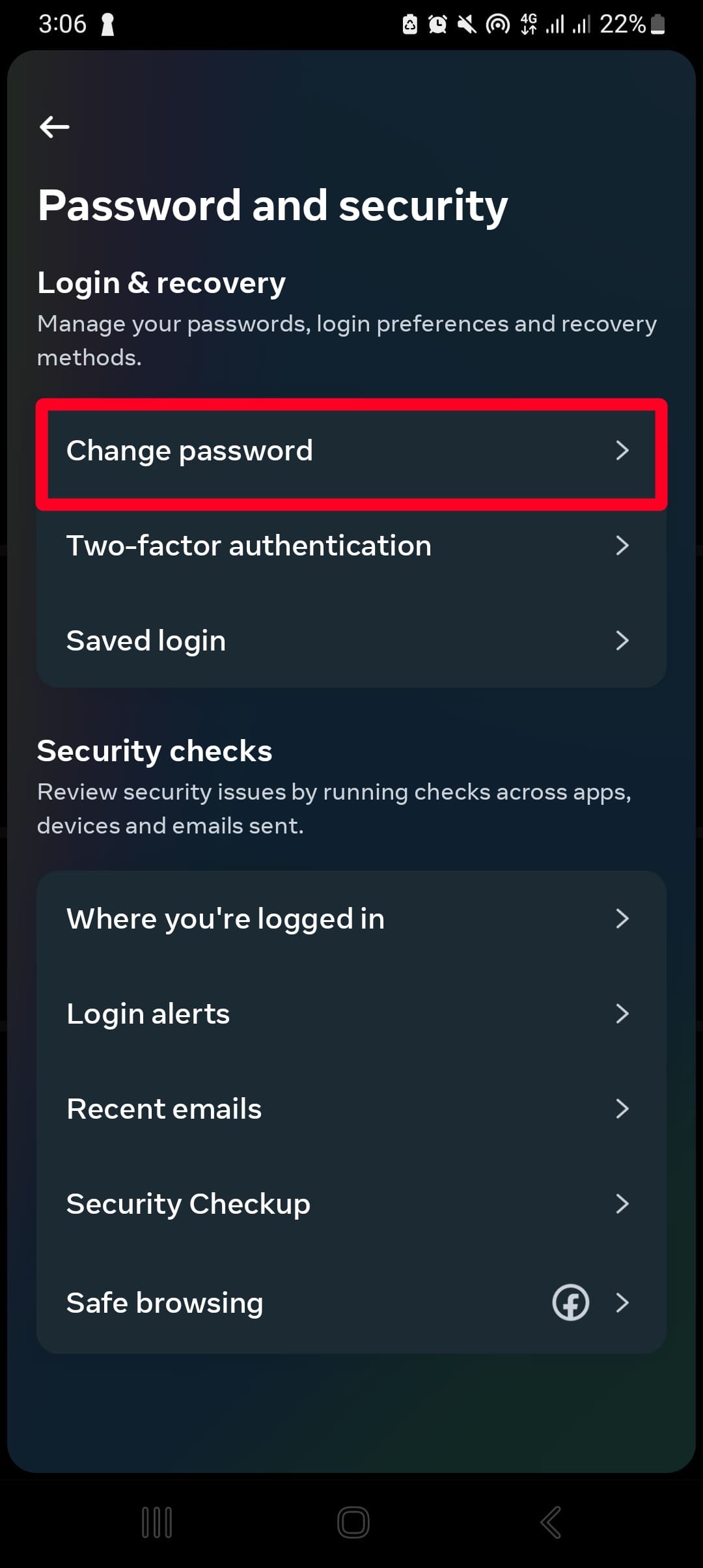 Password and security menu on Instagram app