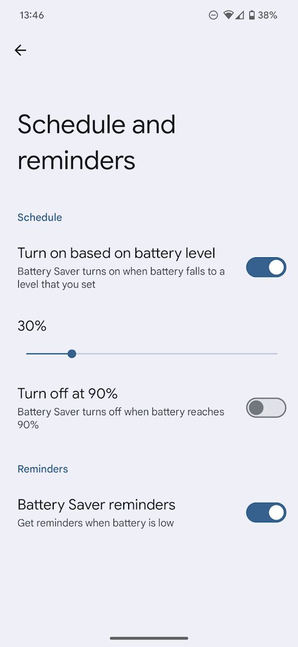screenshot of battery saver settings on Pixel phone