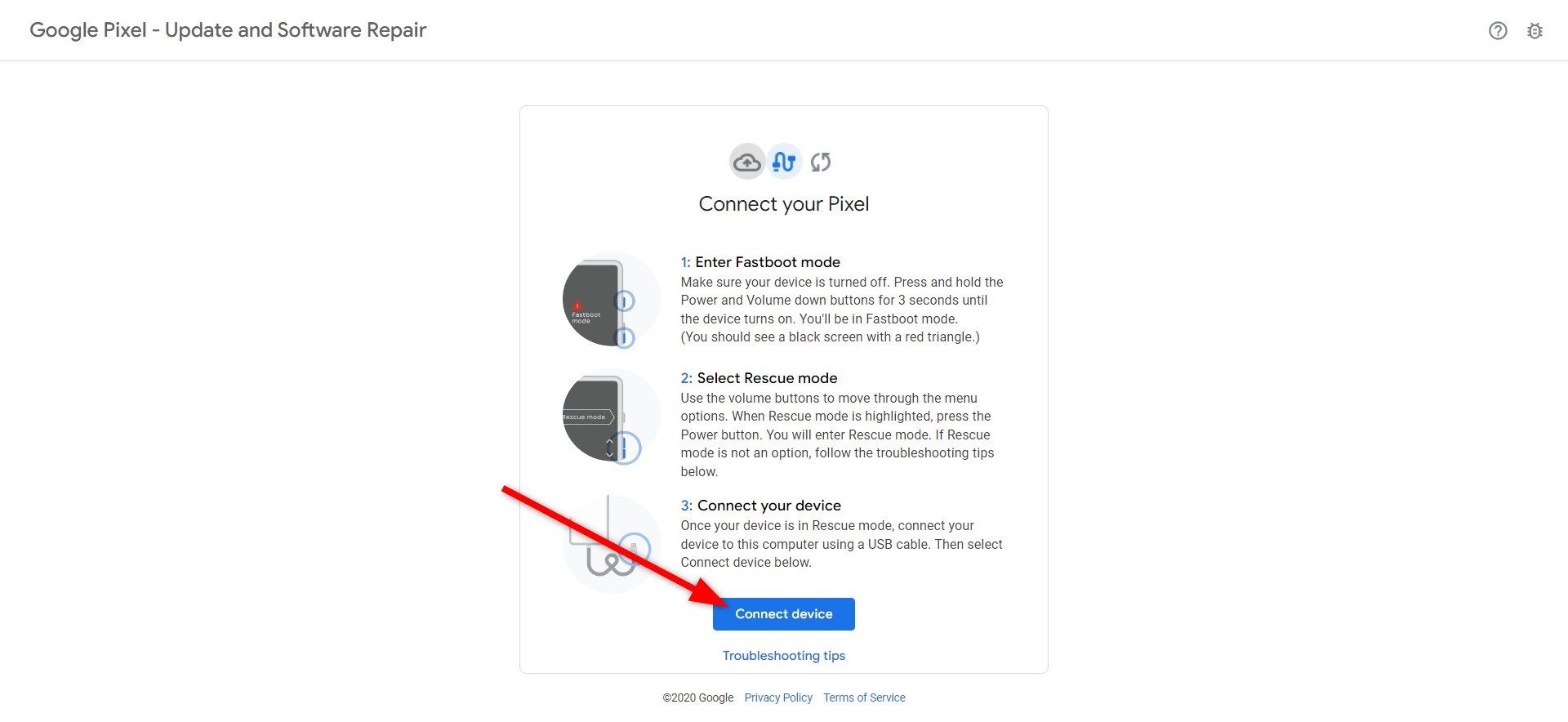 Connect your phone button on the Pixel Repair website