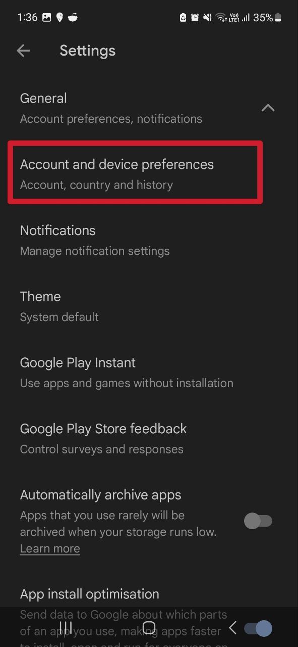 Screenshot showing Google Play Store Account and device preferences.