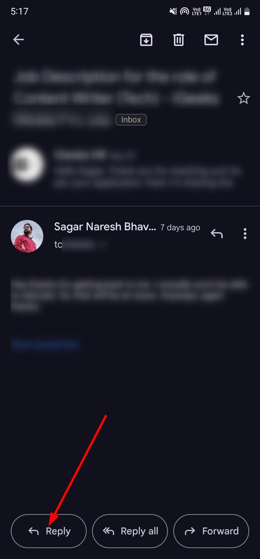 Answer button within the Gmail app on Android