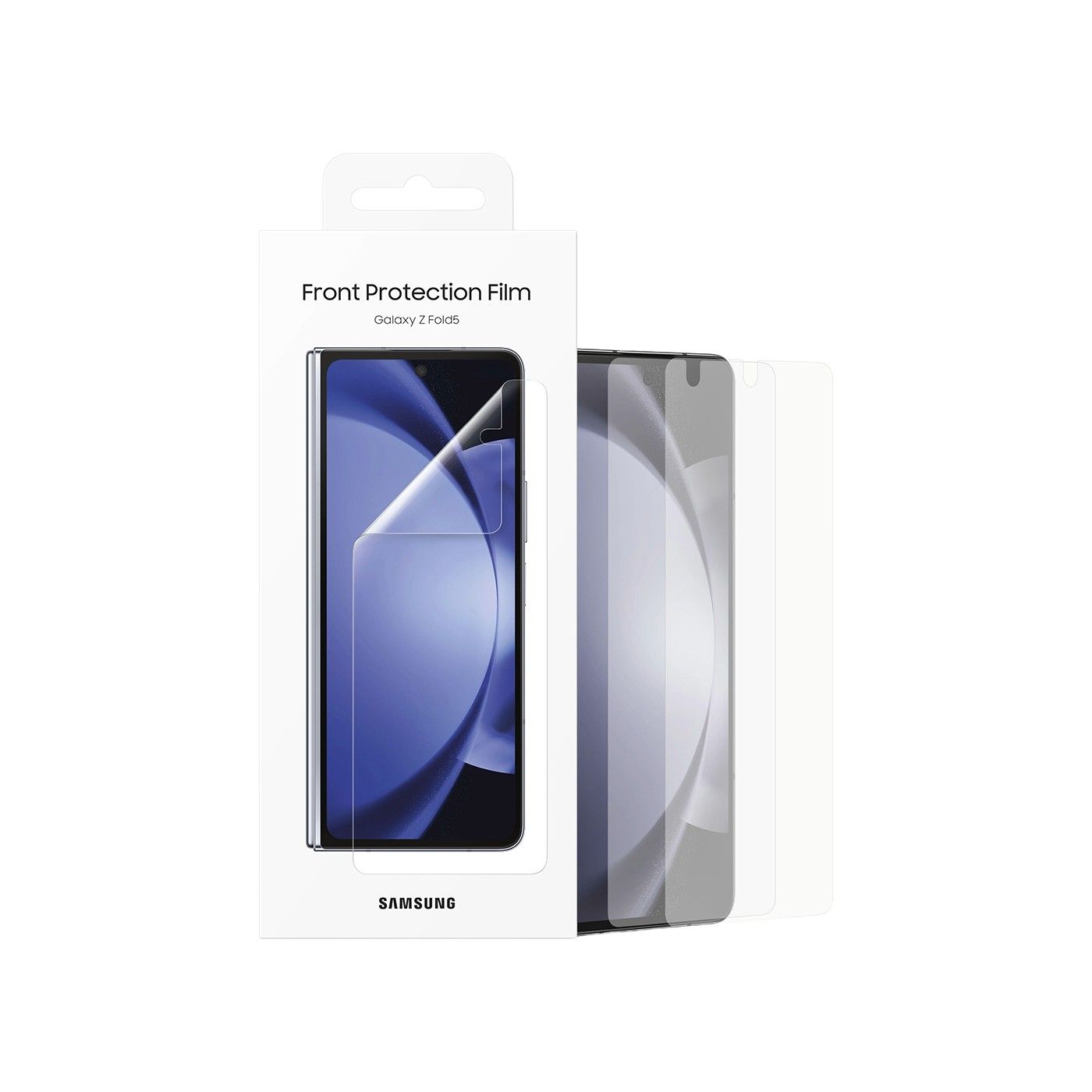 A retail box of the Samsung Galaxy Z Fold5 Front Protection Film and two screen protectors on a white background