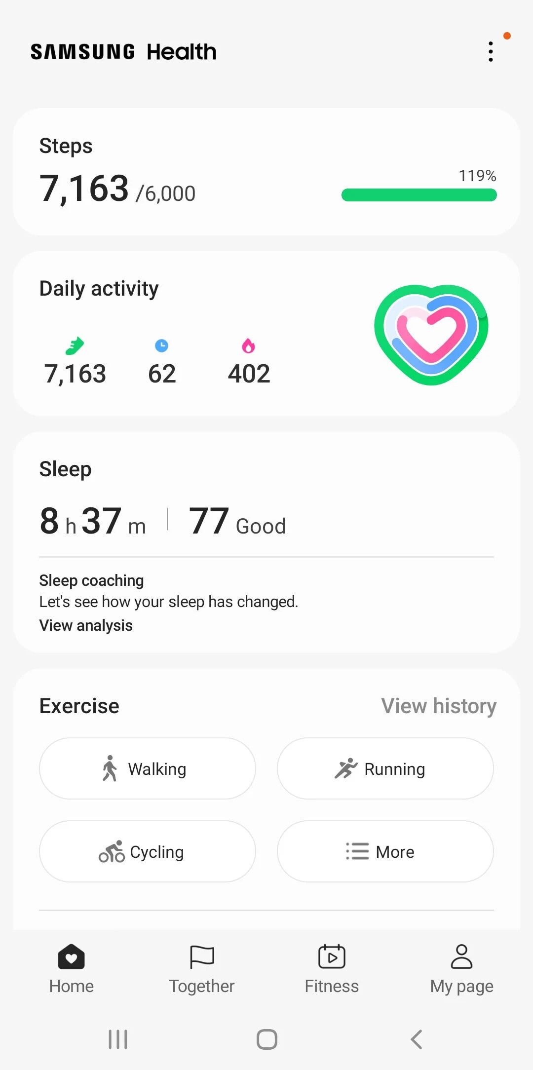 samsung health daily stats for sleep, steps and heart activity