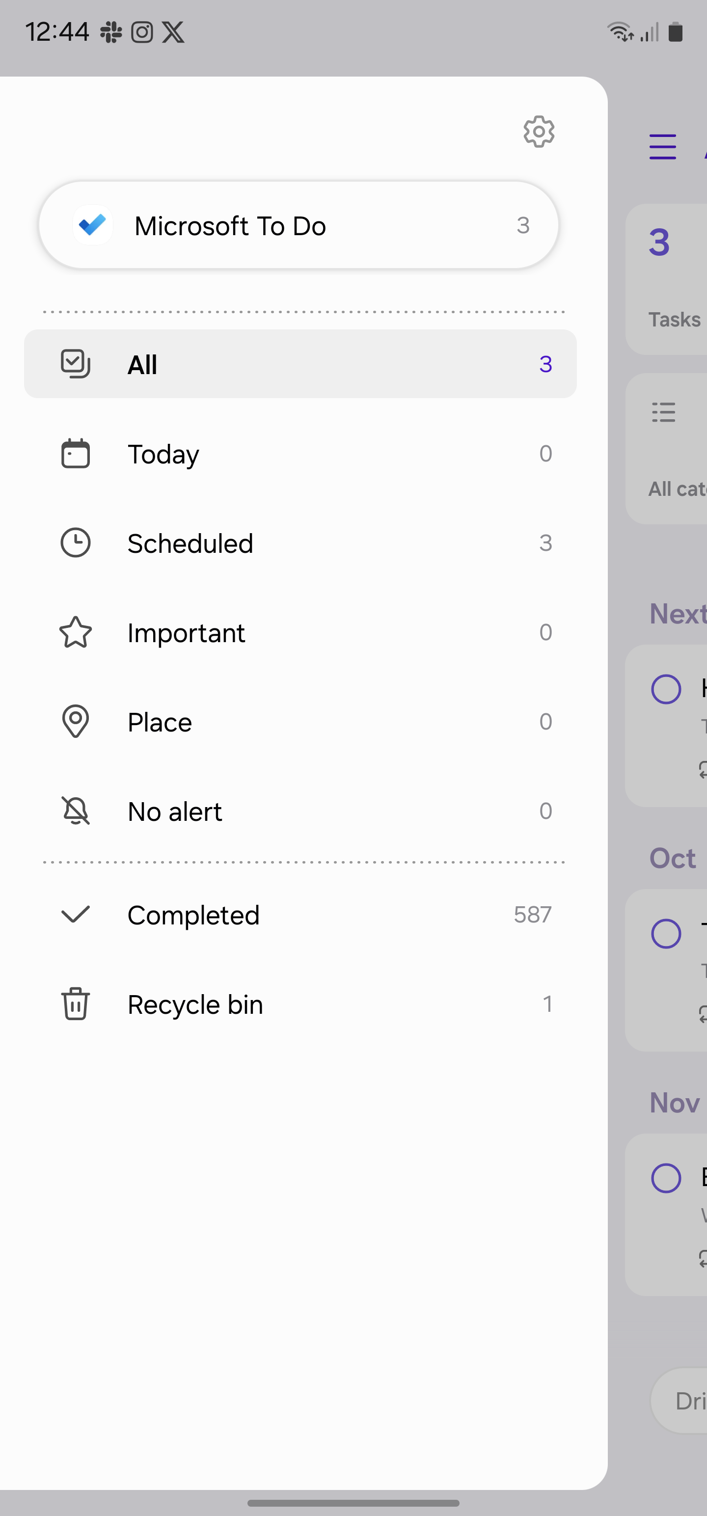 Samsung Reminders app showing main menu