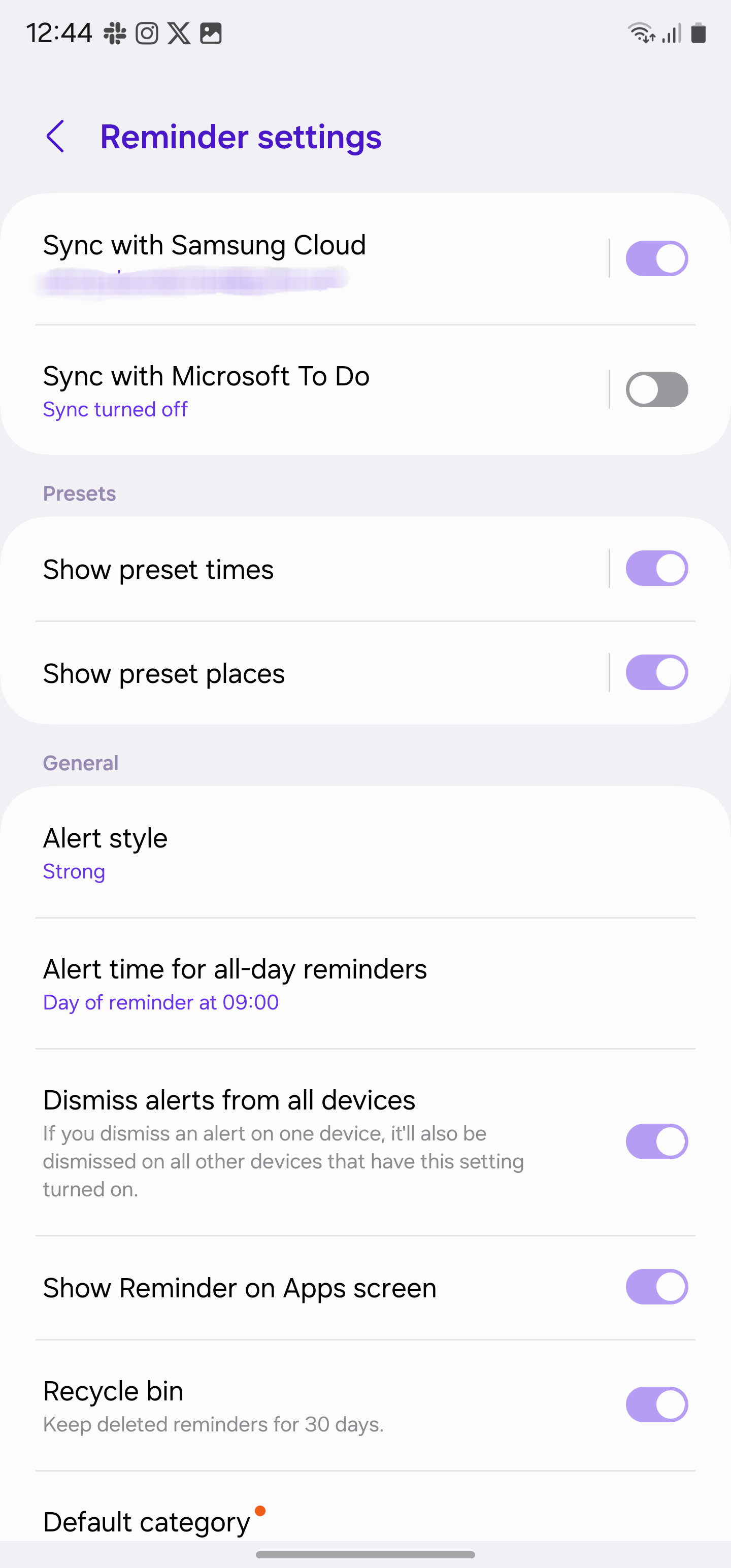 View reminder settings Samsung Reminders app